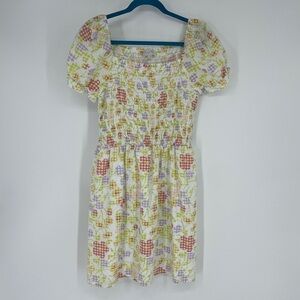 LOFT Smocked Square Neck Puff Sleeve Floral Mushroom Gingham Print Mini Dress